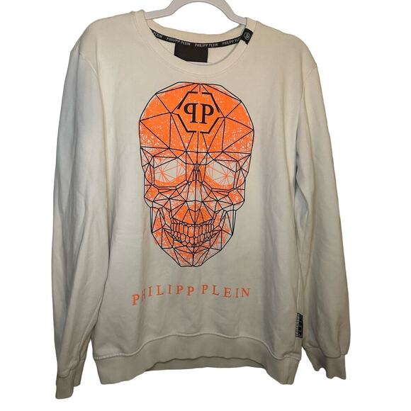 Philipp Plein Sz XXL Skull Pullover Sweatshirt Cream Orange Designer Streetwear - Picture 1 of 14